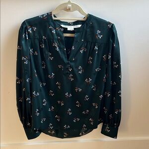 Veronica Beard Forest Green Floral Long-Sleeve Blouse